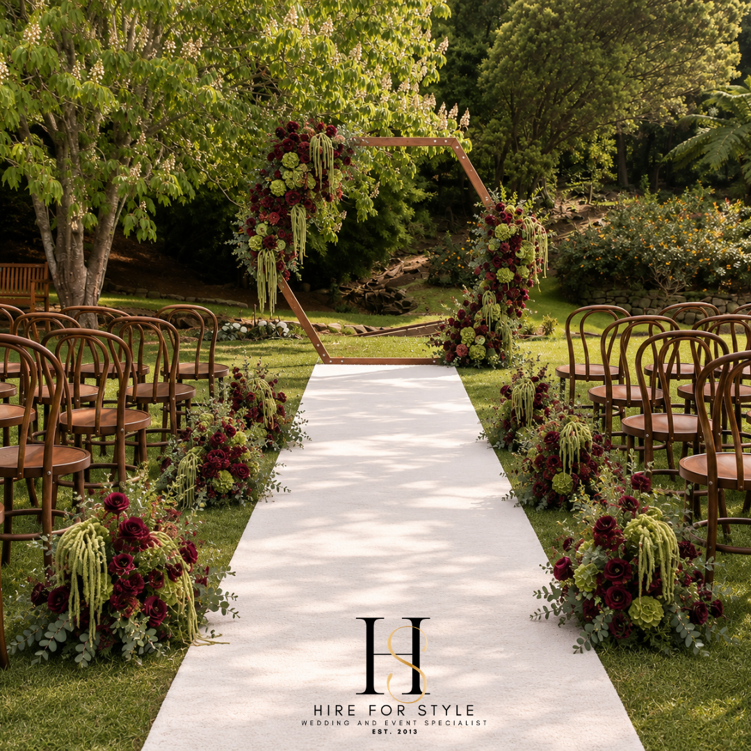 Hexagon Wedding Backdrop with Lush Florals and Bentwood Chairs