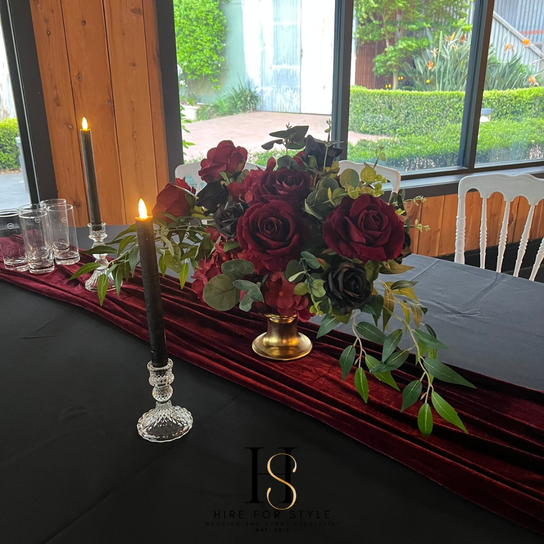 Gold Compote Centrepiece with Florals and Black Taper Candles