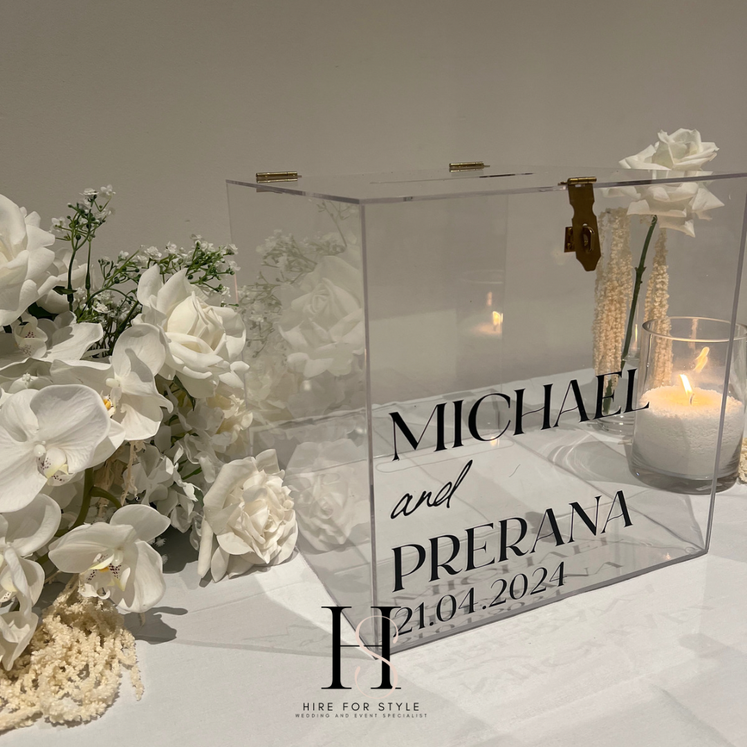 Clear Acrylic Wishing Well Box Hire with Personalised Decal