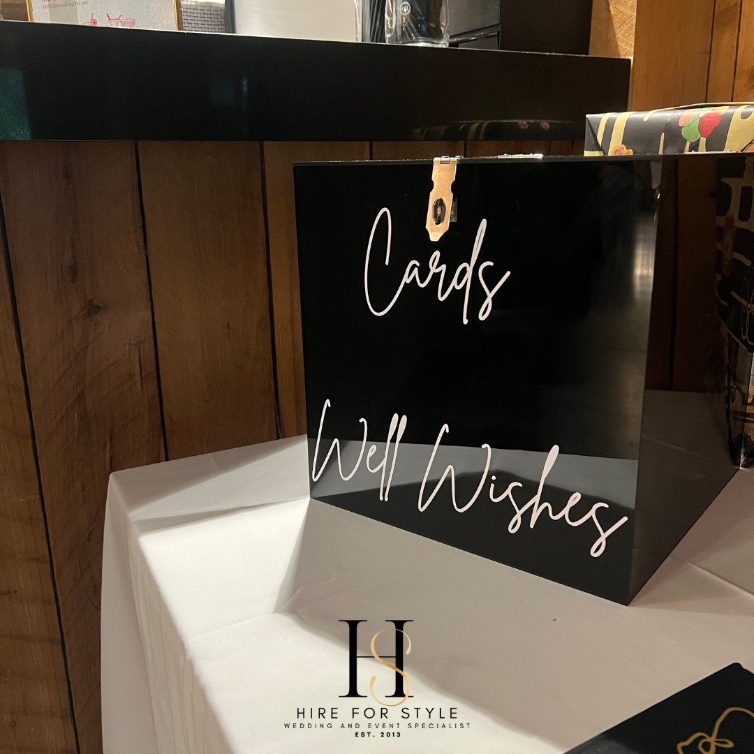 Black Acrylic Wishing Well Box Hire with Personalised Decal