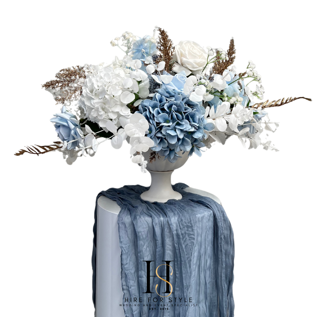 Dusty Blue Faux Floral Compote Centrepiece