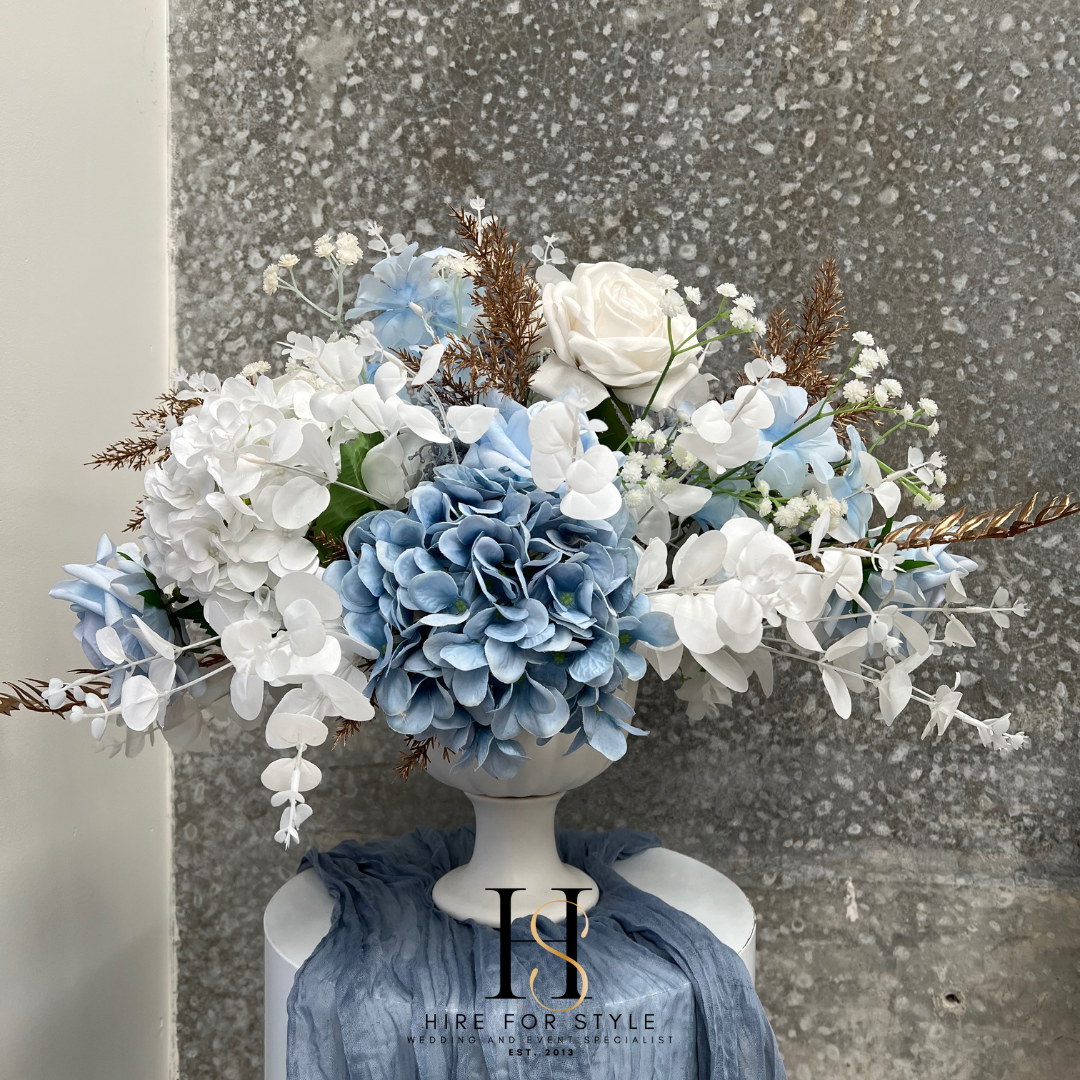 Dusty Blue Faux Floral Compote Centrepiece