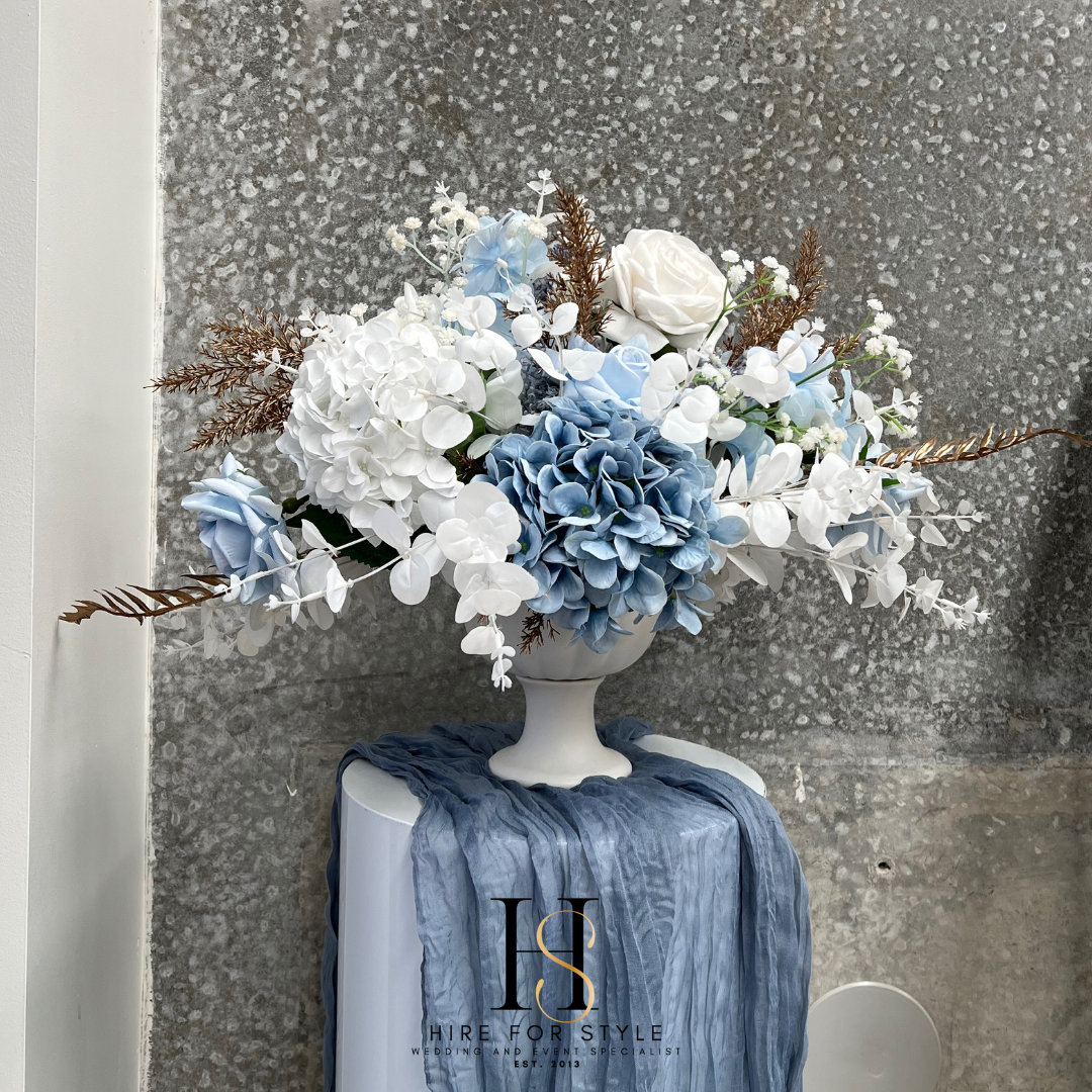Dusty Blue Faux Floral Compote Centrepiece