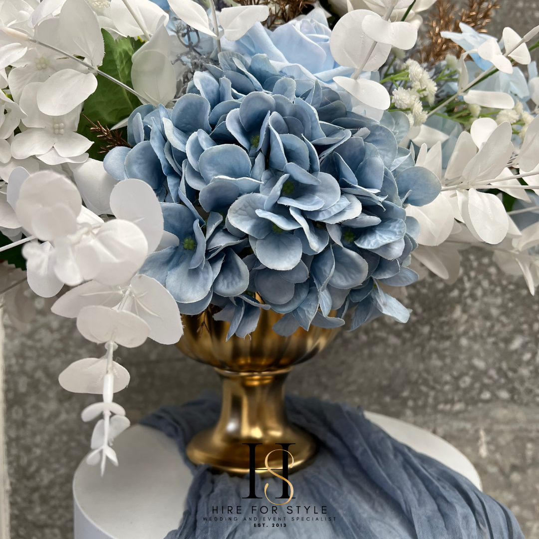 Dusty Blue Faux Floral Compote Centrepiece