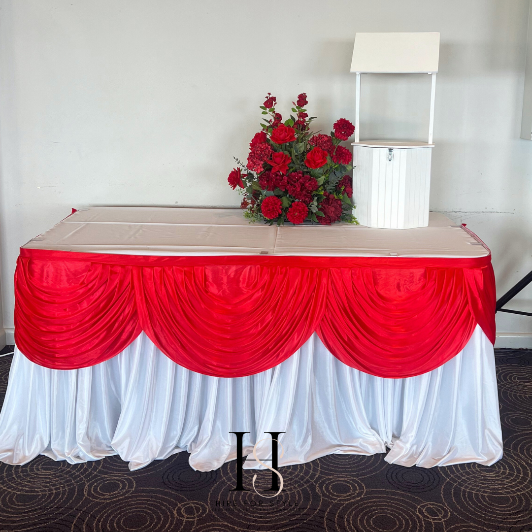 3m Satin Table Skirt with 3m Red Swag