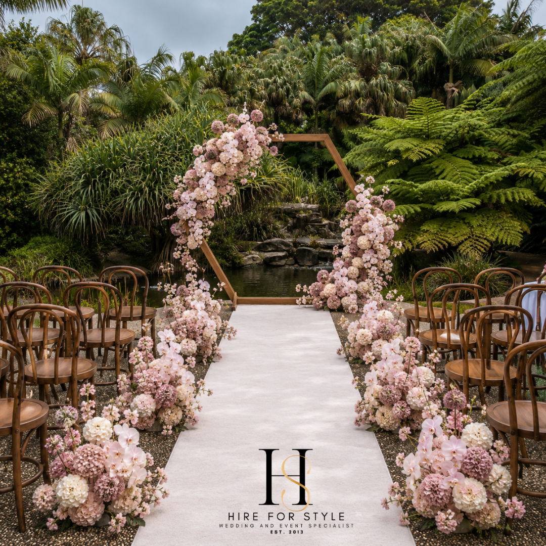 Hexagon Wedding Backdrop with Lush Florals and Bentwood Chairs
