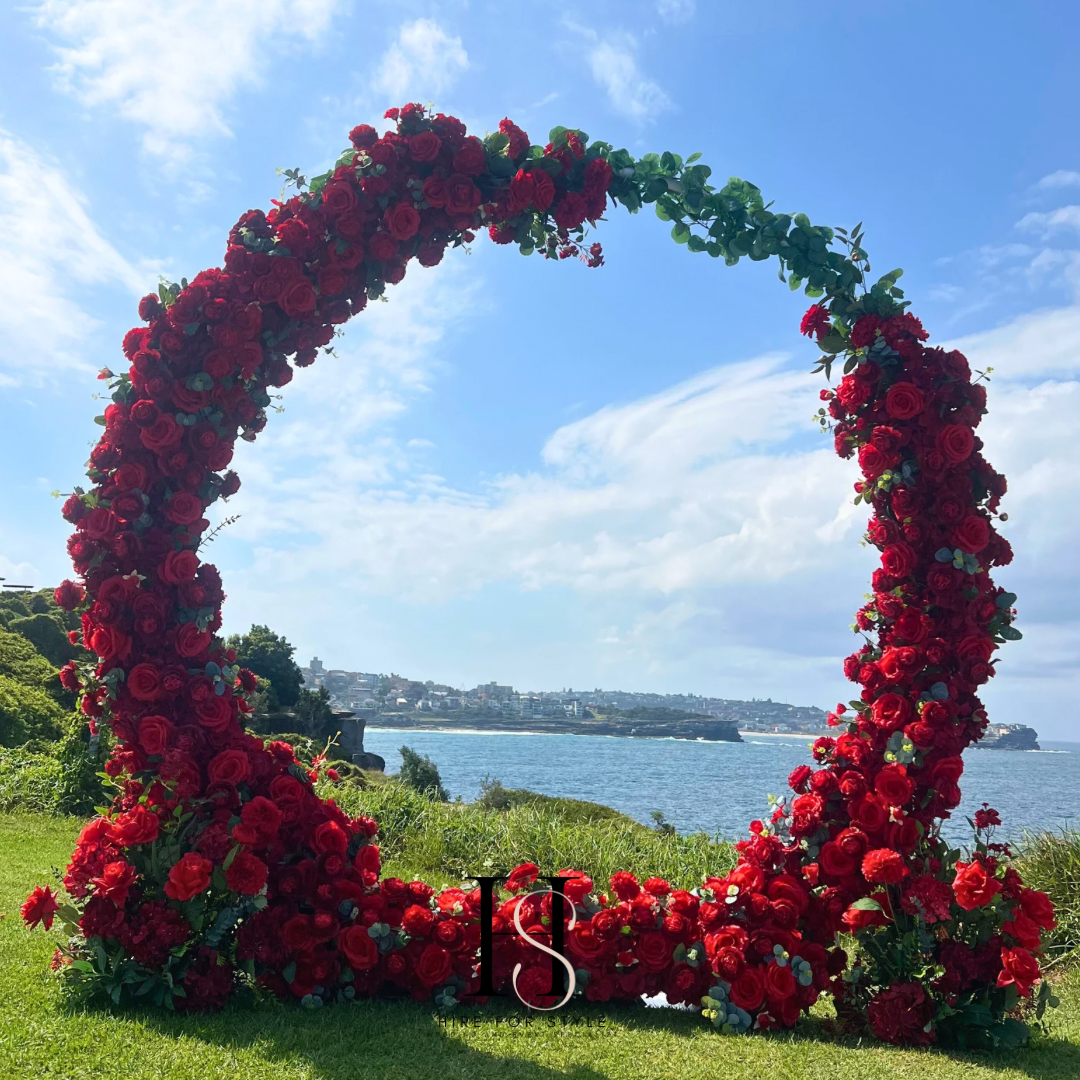 Round Red Rose Infinity Wedding Ceremony Backdrop with Silk and Fabric Florals plus Service Fee