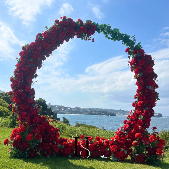 Round Red Rose Infinity Wedding Backdrop with Silk and Fabric Florals plus Service Fee