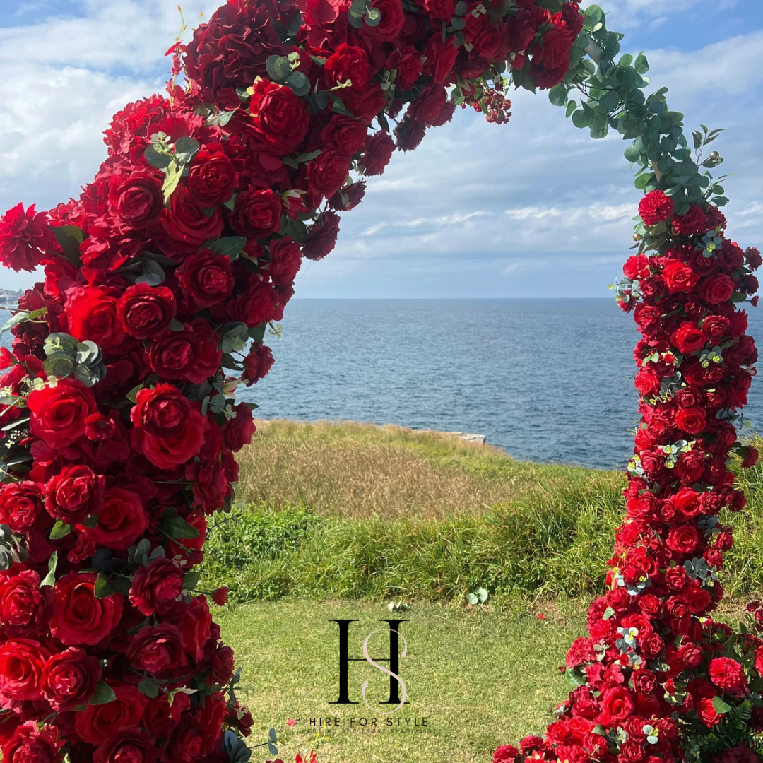 Round Red Rose Infinity Wedding Ceremony Backdrop with Silk and Fabric Florals plus Service Fee