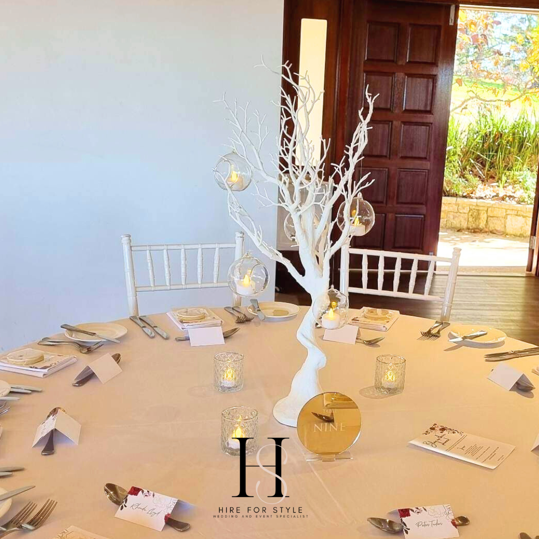 White Manzanita Tree Centrepiece with Hanging Bulbs