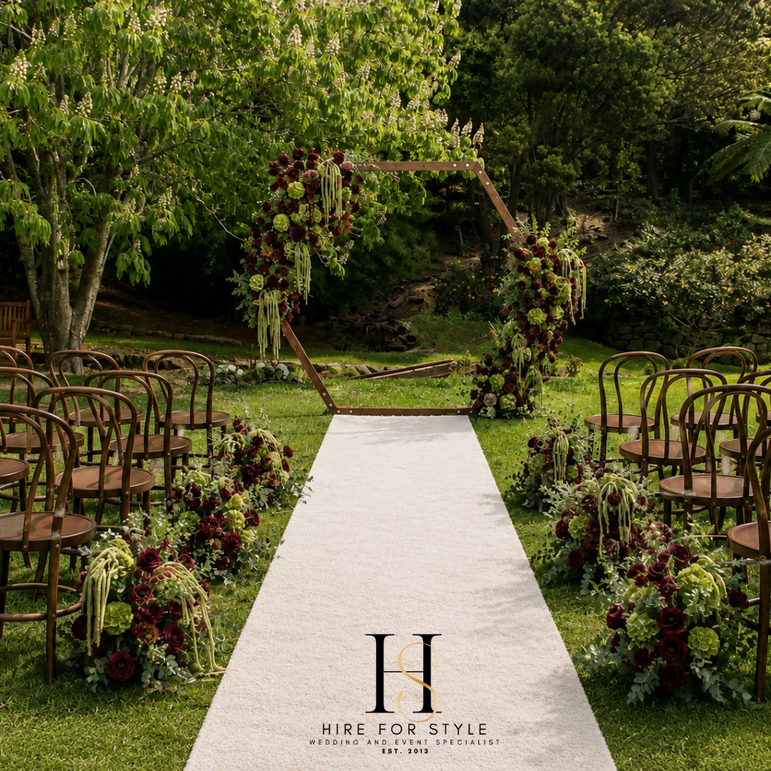 Hexagon Wedding Backdrop with Lush Florals and Bentwood Chairs