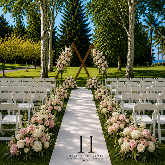 T105 Triangle Pair Wedding Arbour with 42 Gladiator Folding Chairs Wedding Package