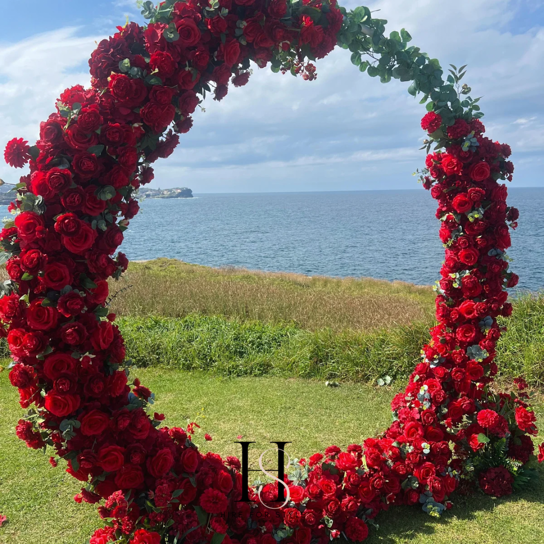 Round Red Rose Infinity Wedding Ceremony Backdrop with Silk and Fabric Florals plus Service Fee