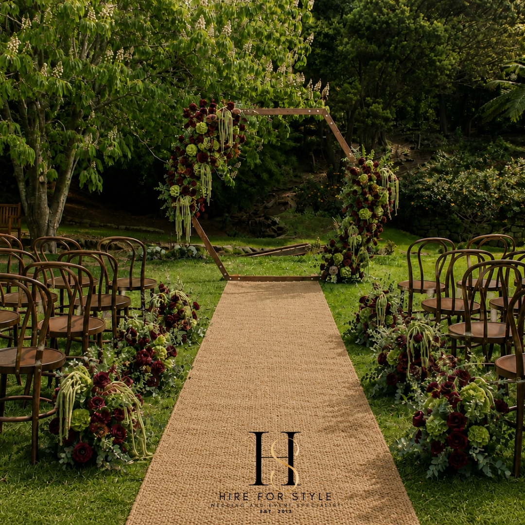 Hexagon Wedding Backdrop with Lush Florals and Bentwood Chairs