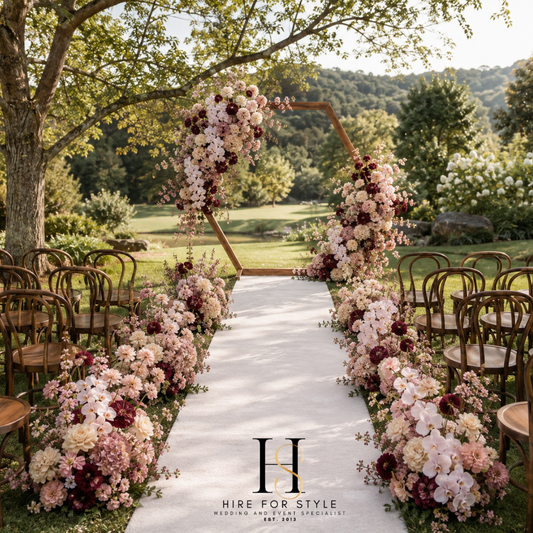 Hexagon Wedding Backdrop with Lush Florals and Bentwood Chairs