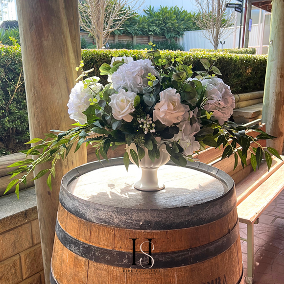 Faux Floral arrangement in White Compote Vase