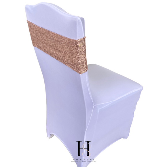 Rose Gold Sequin Lycra Chair Band HIRE