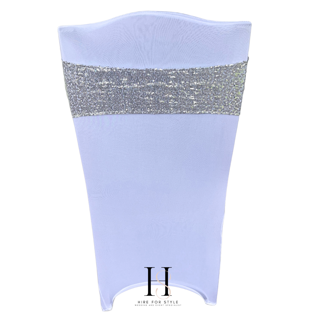 Silver Sequin Lycra Chair Band HIRE