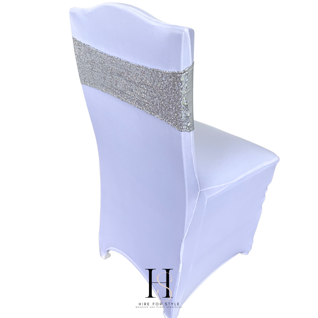 Silver Sequin Lycra Chair Band HIRE