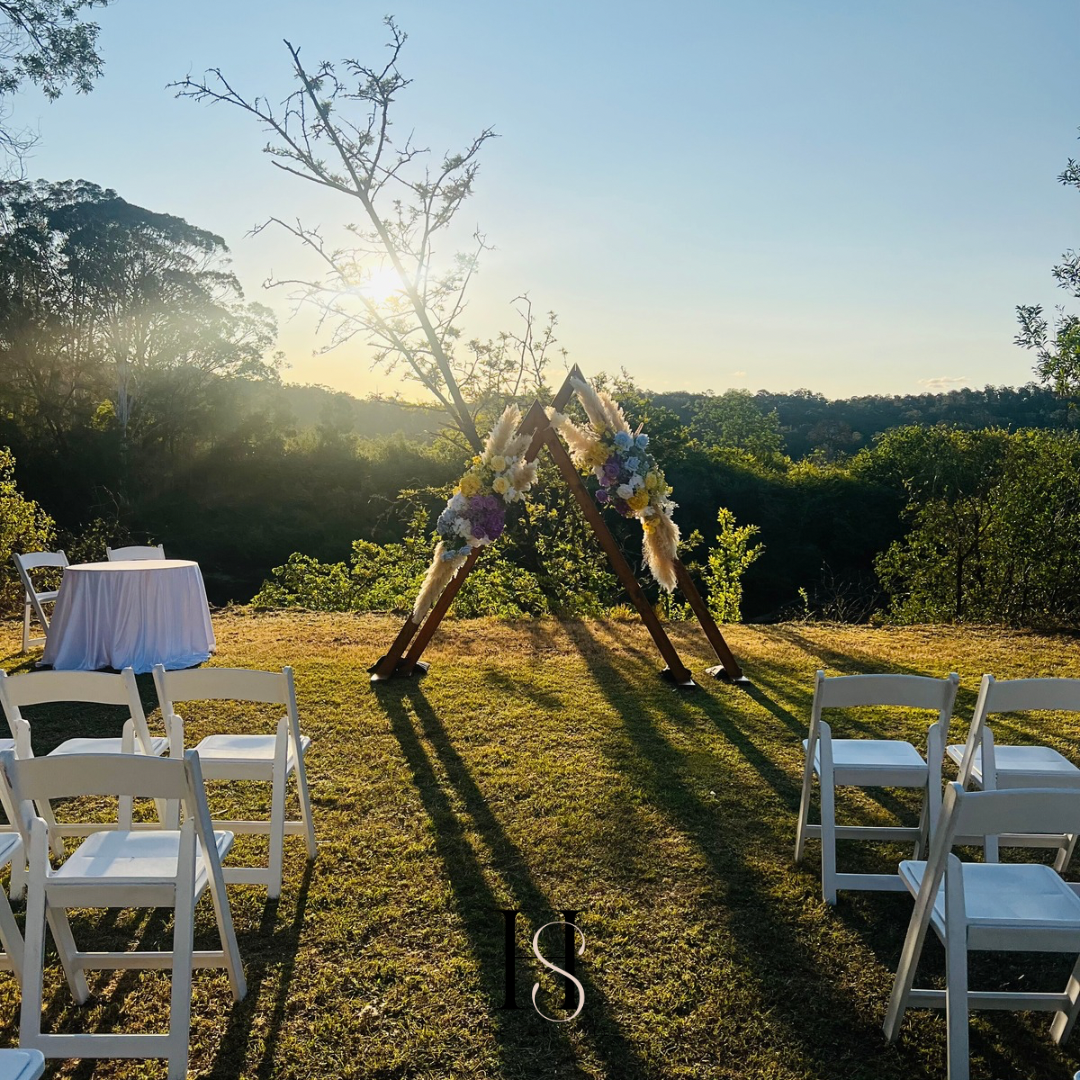 T105 Triangle Pair Wedding Arbour with 42 Gladiator Folding Chairs Wedding Package