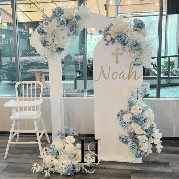 Double Arch Backdrop with Florals, Signage & Plinth