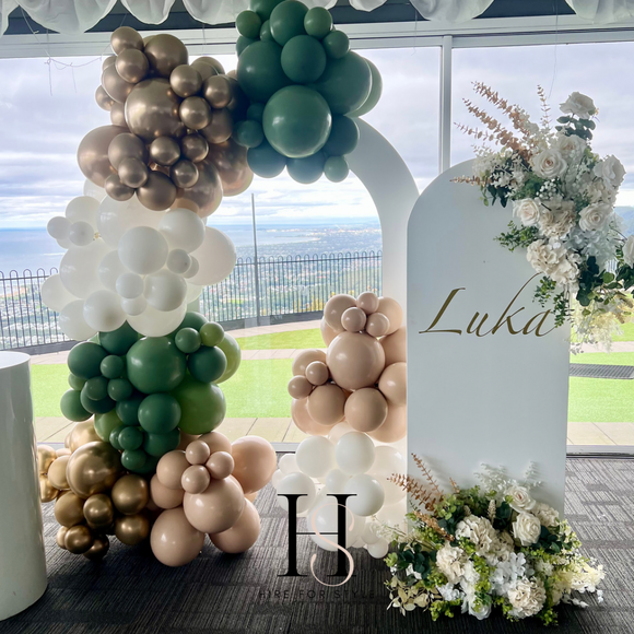 Double Arch Backdrop Eucalyptus Package with Balloons, Sign & Florals