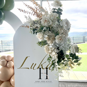 Double Arch Backdrop Eucalyptus Package with Balloons, Sign & Florals