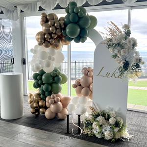 Double Arch Backdrop Eucalyptus Package with Balloons, Sign & Florals