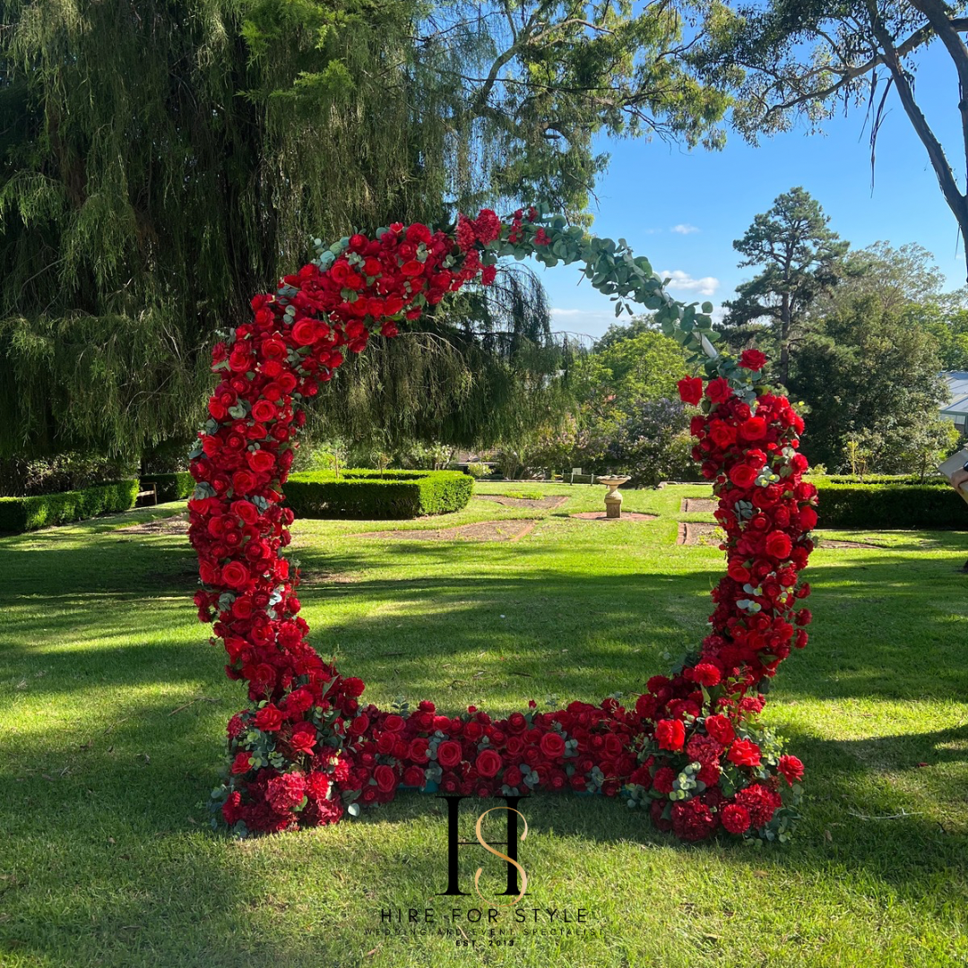 Round Red Rose Infinity Wedding Ceremony Backdrop with Silk and Fabric Florals plus Service Fee