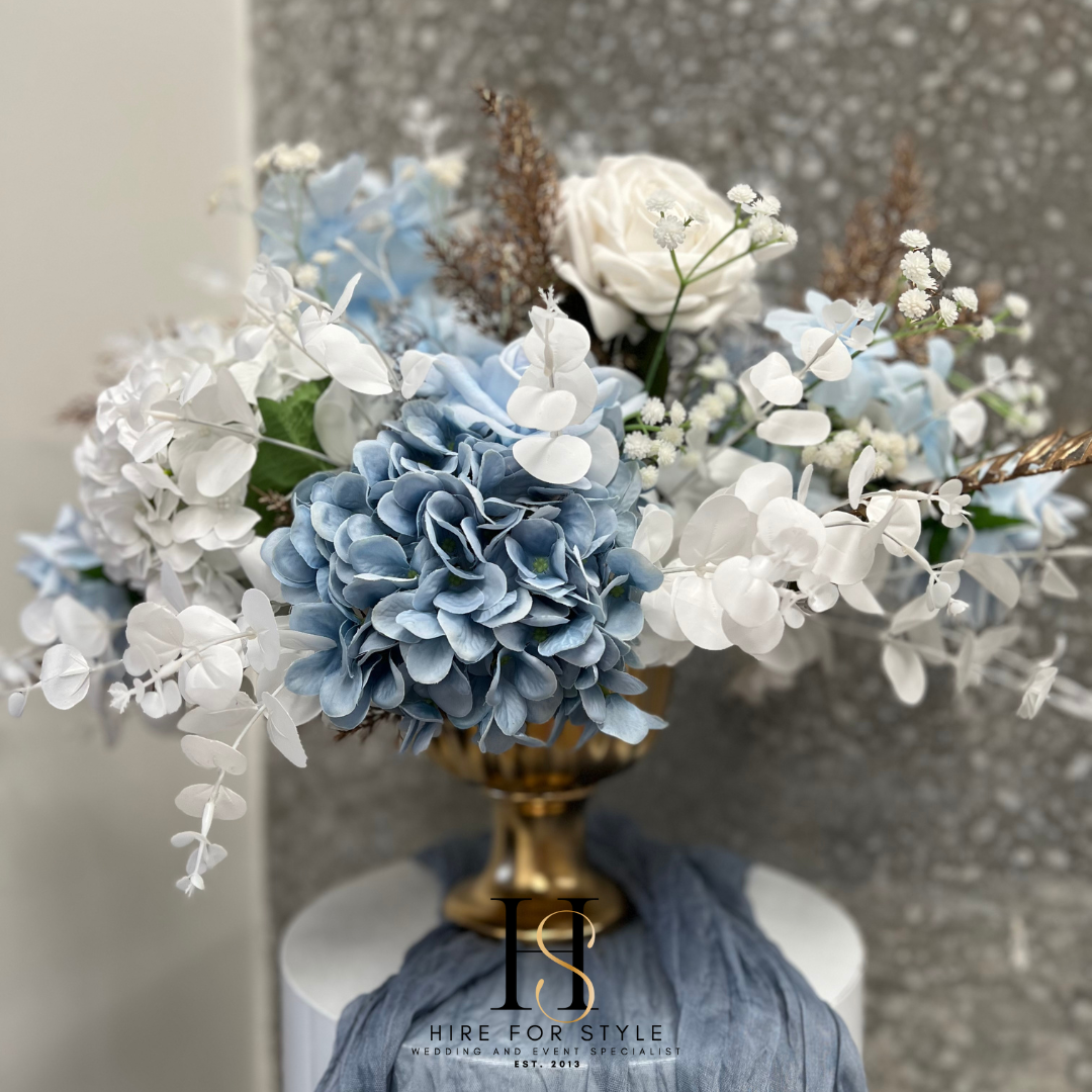 Dusty Blue Faux Floral Compote Centrepiece