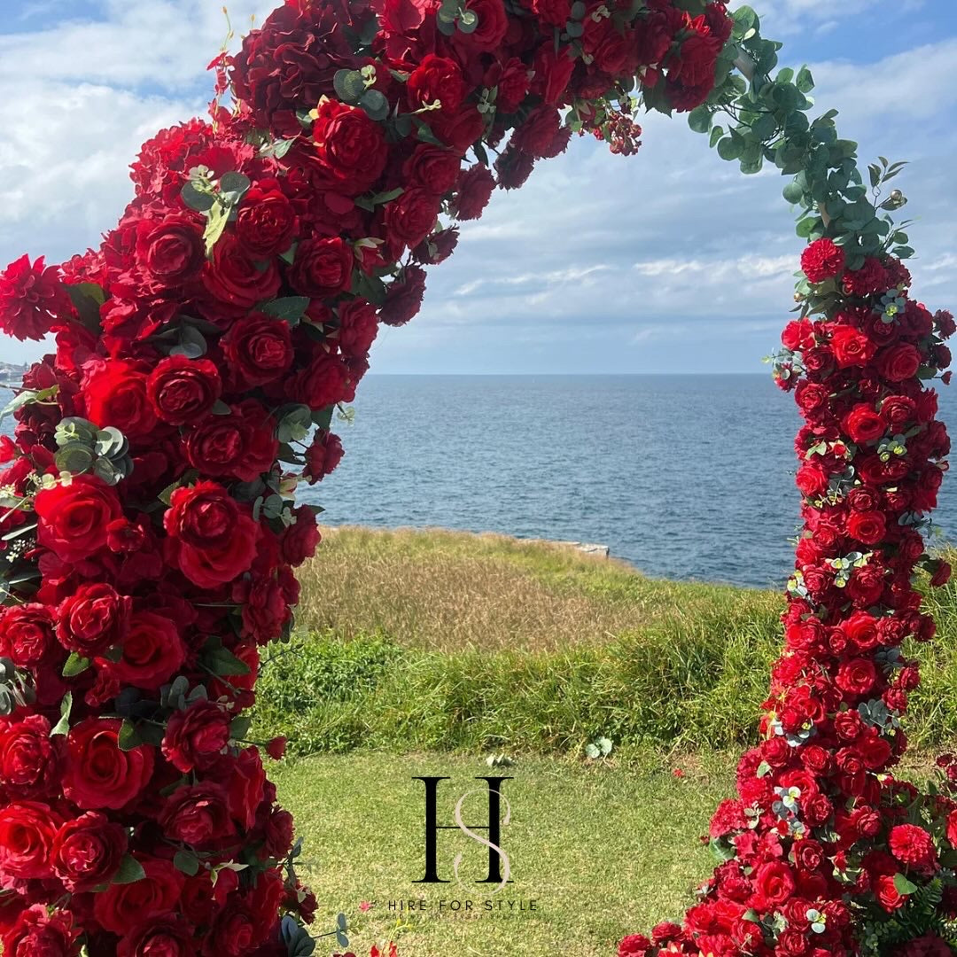 A106 Red Infinity Backdrop Macarthur Wedding Ceremony Package with Cross Back Chairs