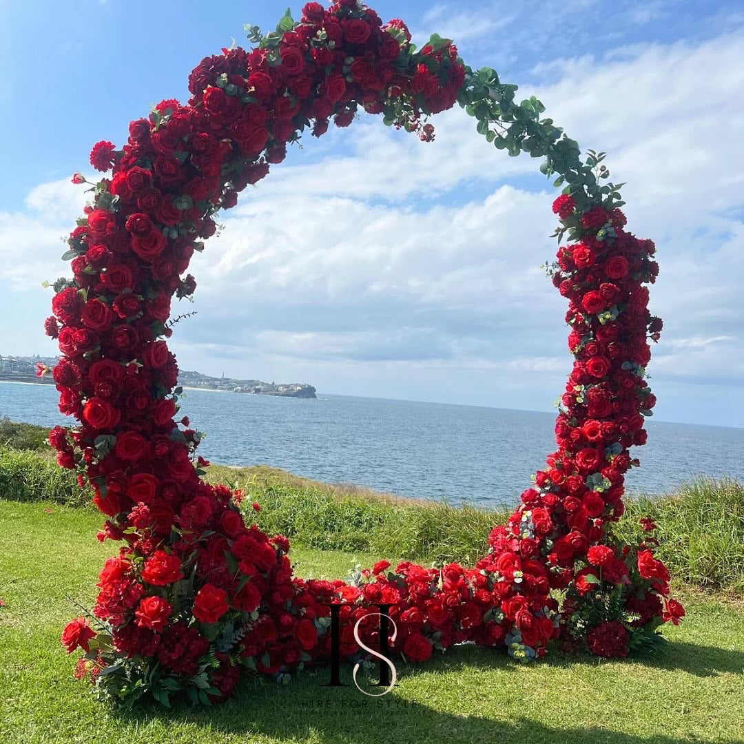 A106 Red Infinity Backdrop Macarthur Wedding Ceremony Package with Cross Back Chairs