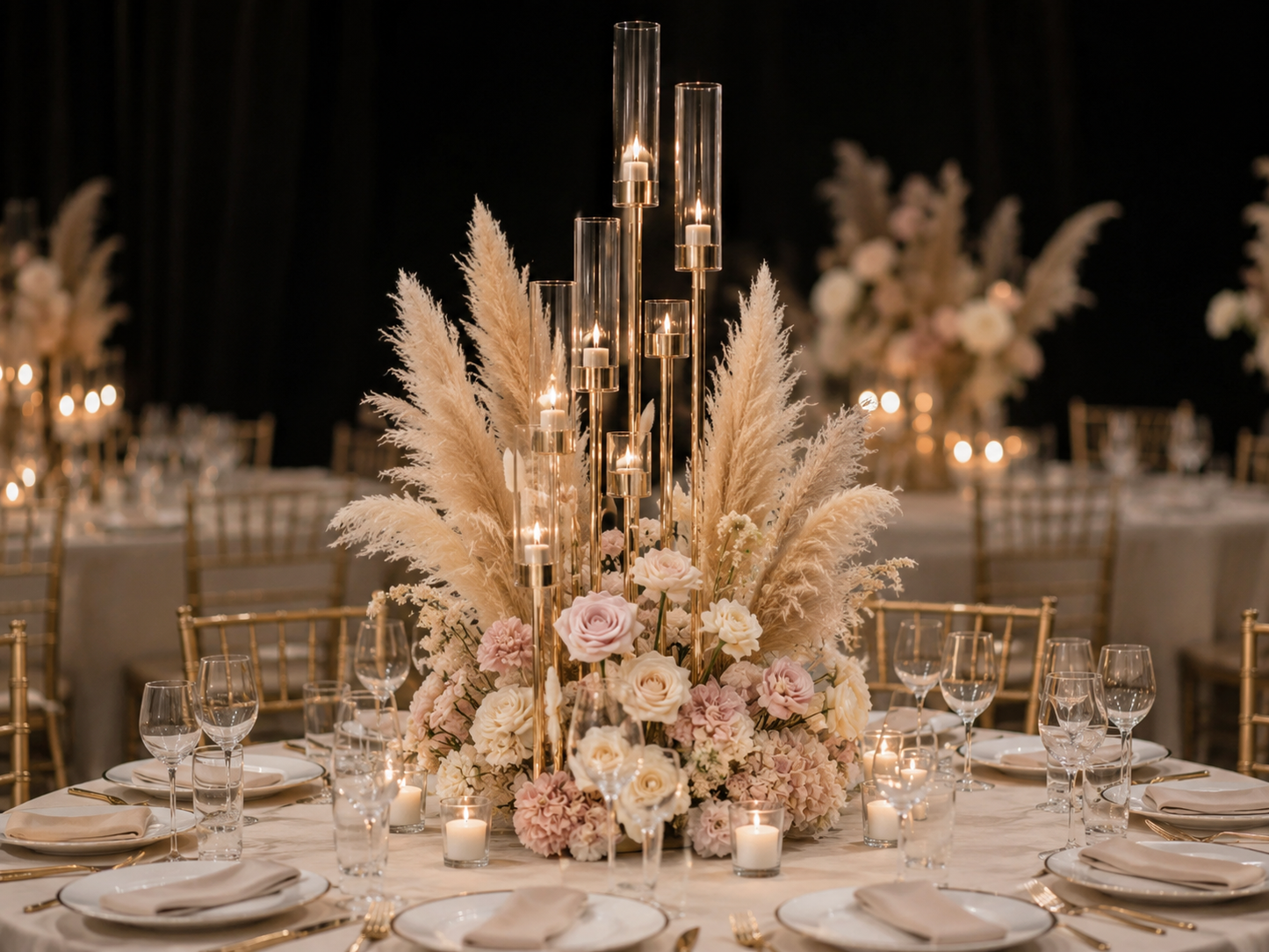 8 Head Tall Candelabra with Boho Faux Florals and Pampas Grass
