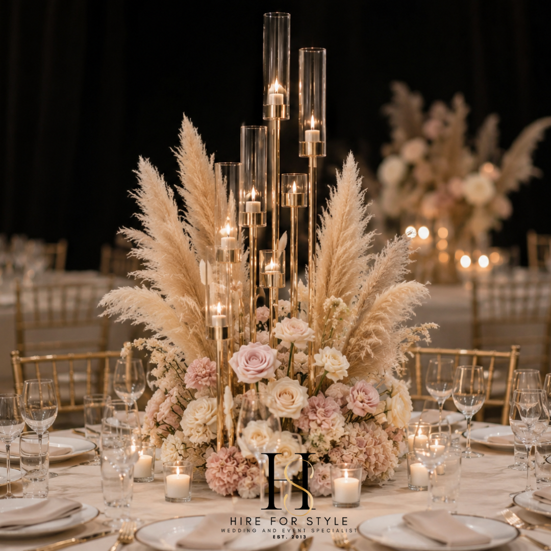8 Head Tall Candelabra with Boho Faux Florals and Pampas Grass