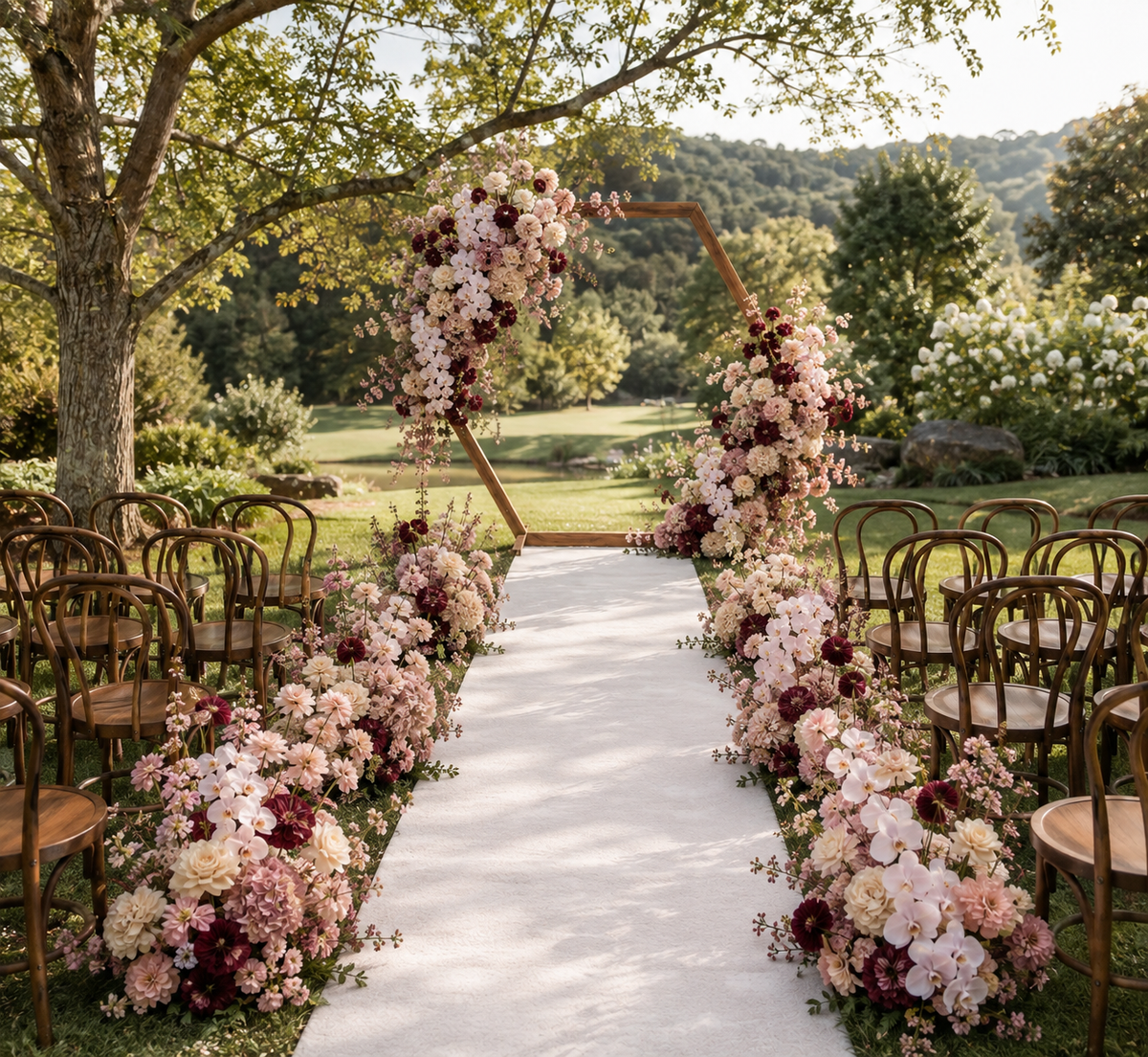 Hexagon Wedding Backdrop with Lush Florals and Bentwood Chairs