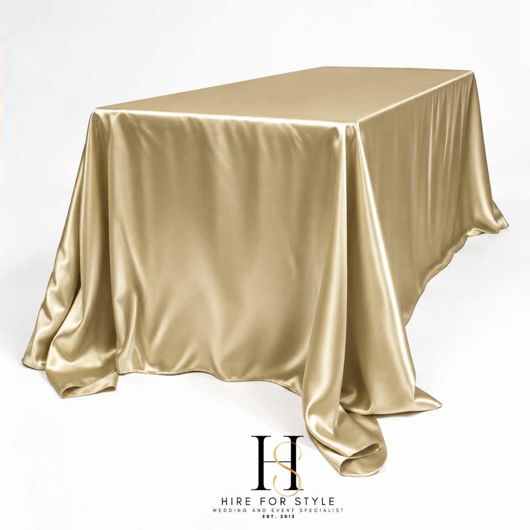 Champagne Gold Satin 3m Rectangle Table Overlay HIRE