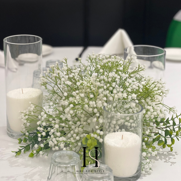 Baby Breath Table Centrepiece with 3 Glass Cylinder Candles