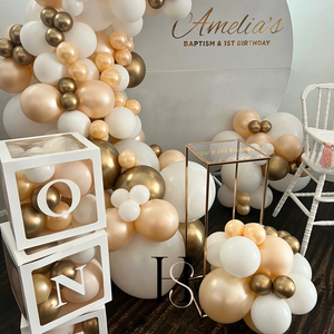 White Round Backdrop with Balloon Garland, Plinth & Signage