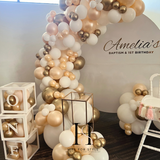 White Round Backdrop with Balloon Garland, Plinth & Signage