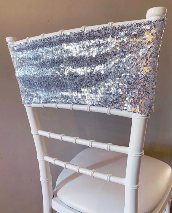 Silver Sequin Lycra Chair Band HIRE