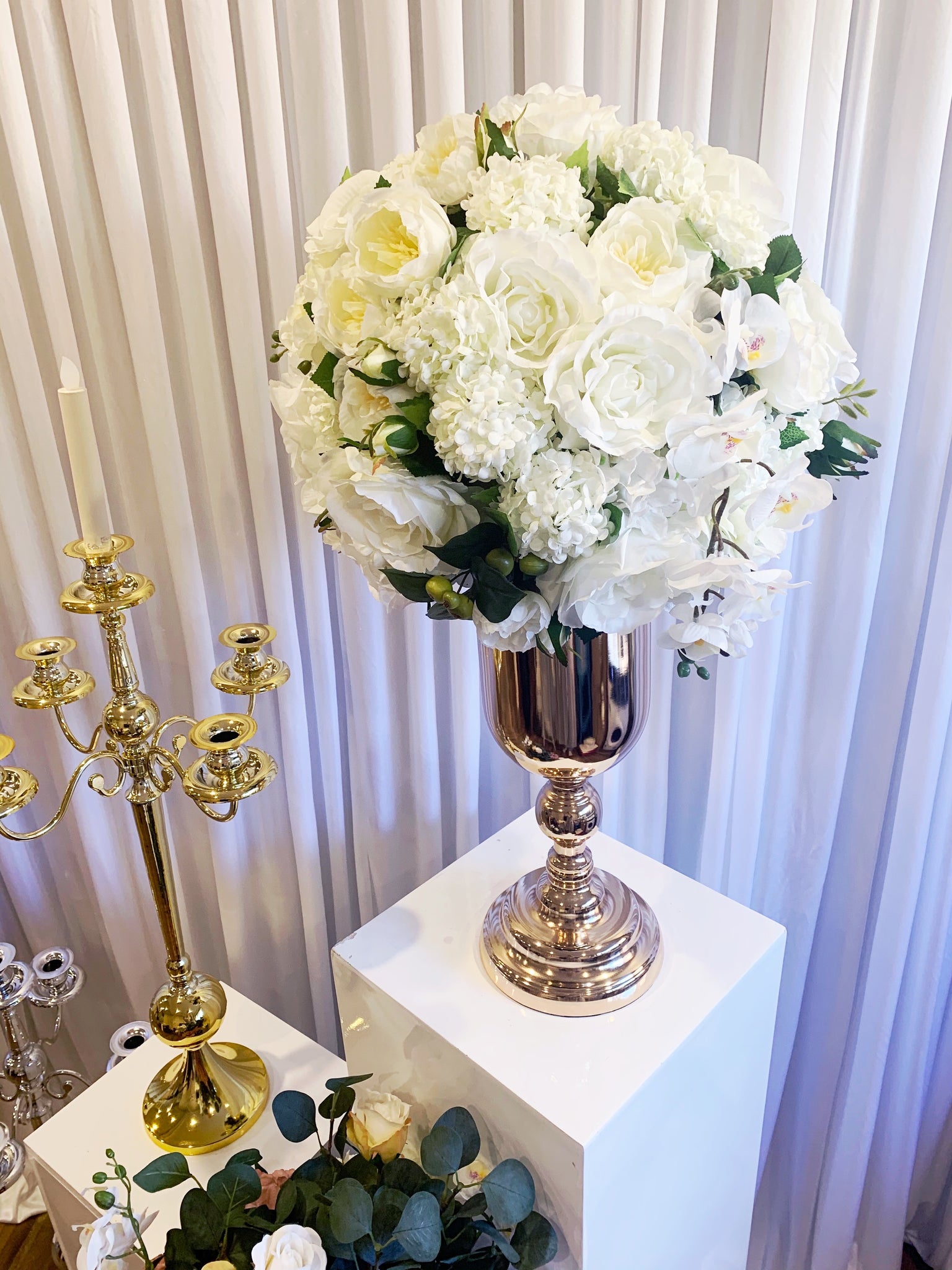 Gold Metal Urn Vase With Flowers Hire