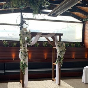 A103 Wedding Ceremony Package with Arbour, Carpet & White Crossback Chairs