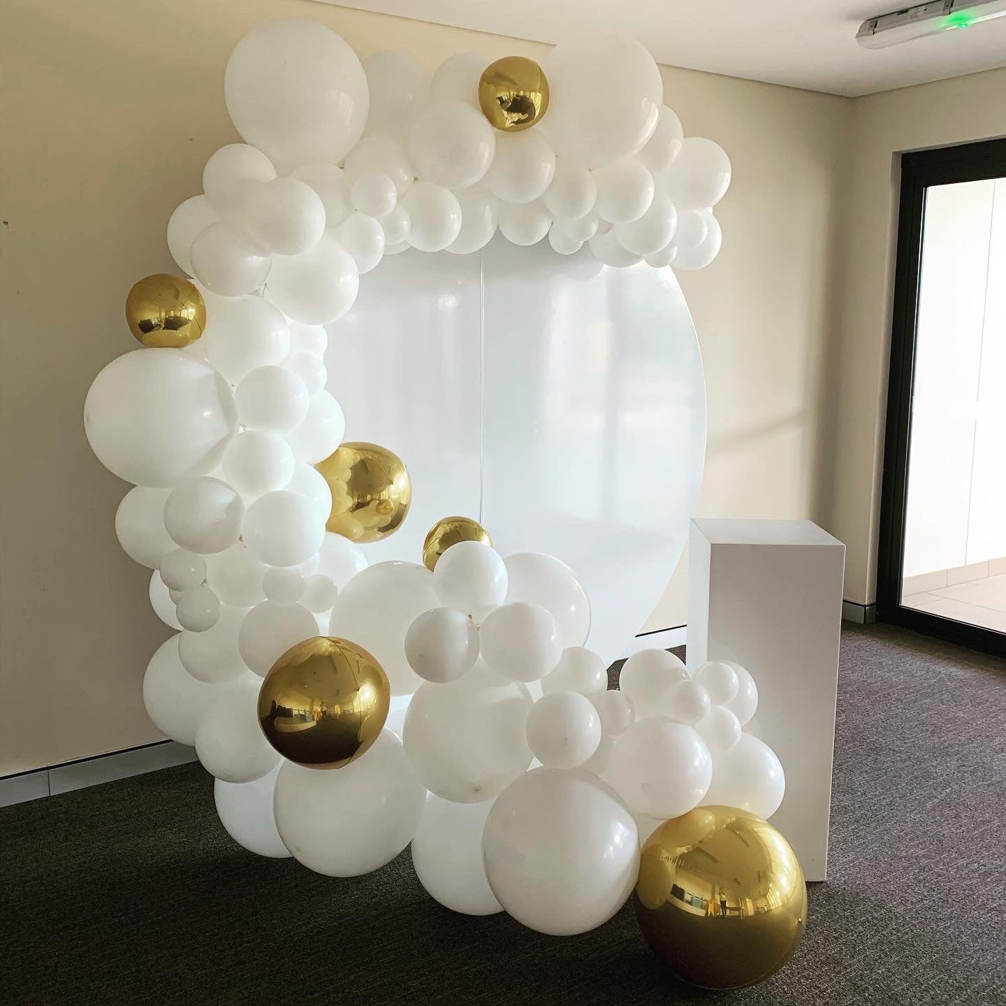 Balloon Garland with White Solid Backdrop and Plinth