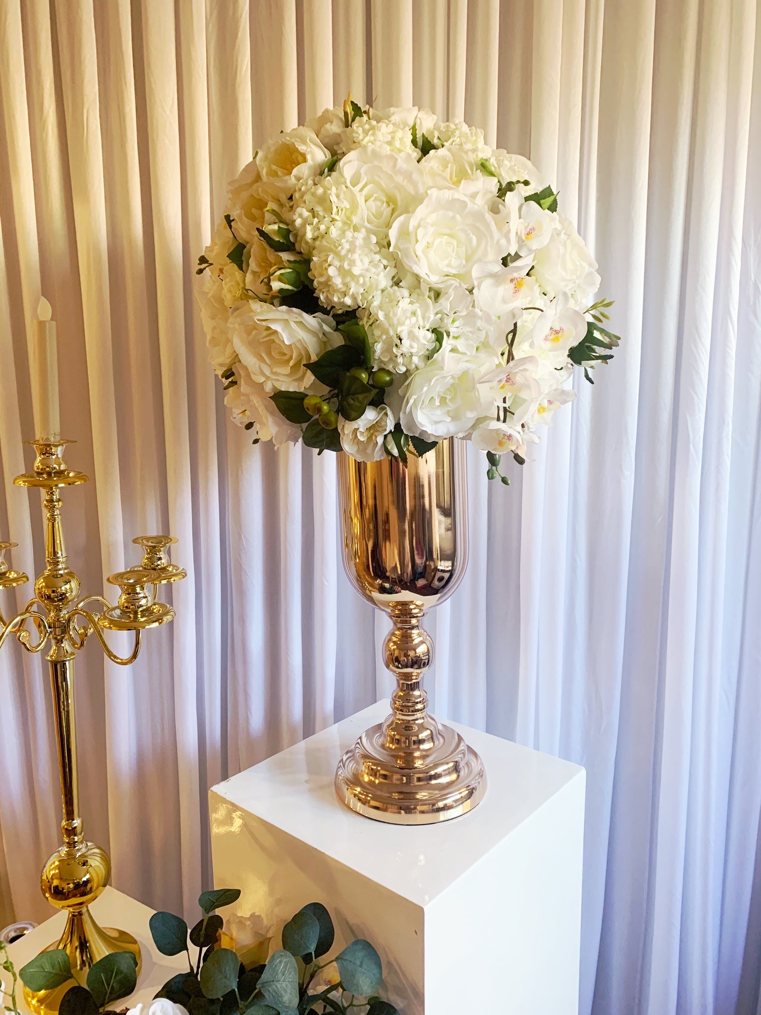 Gold Metal Urn Vase With Flowers Hire